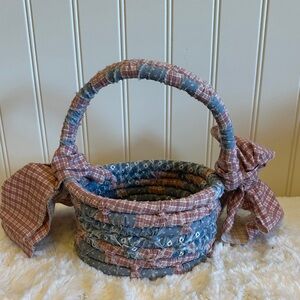 Handcrafted Fabric Coil Basket with Bow - Blue & Dusty Rose